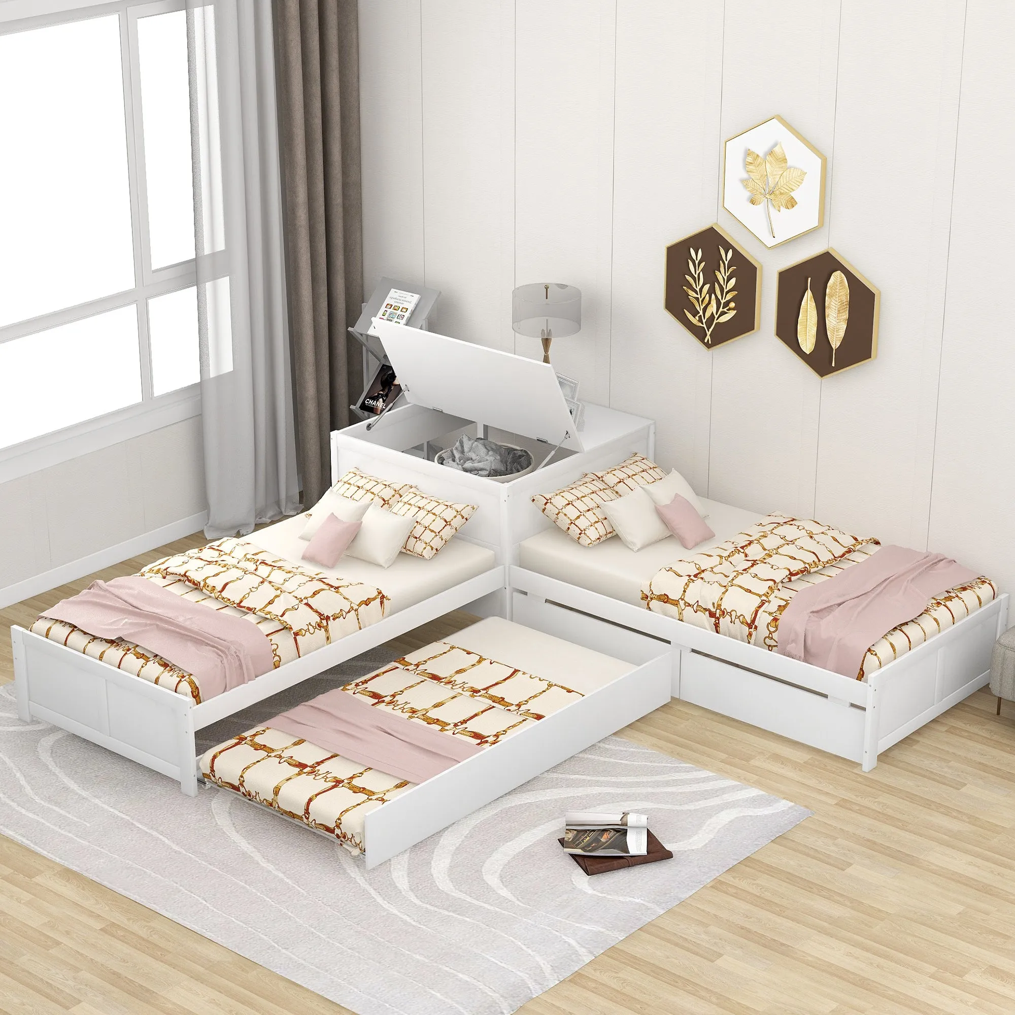 L-shaped Platform Bed with Trundle and Drawers Linked with built-in Flip Square Table,Twin