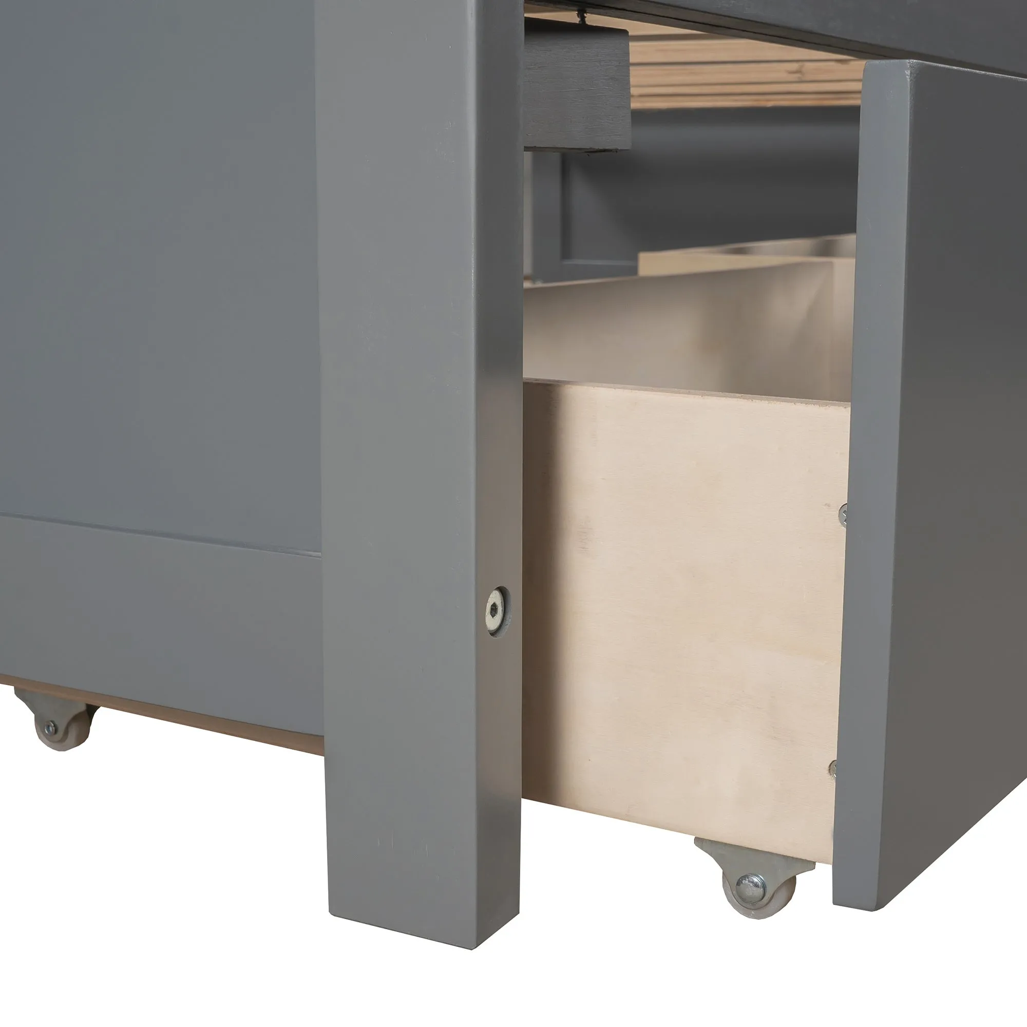 L-shaped Platform Bed with Trundle and Drawers Linked with built-in Flip Square Table,Twin