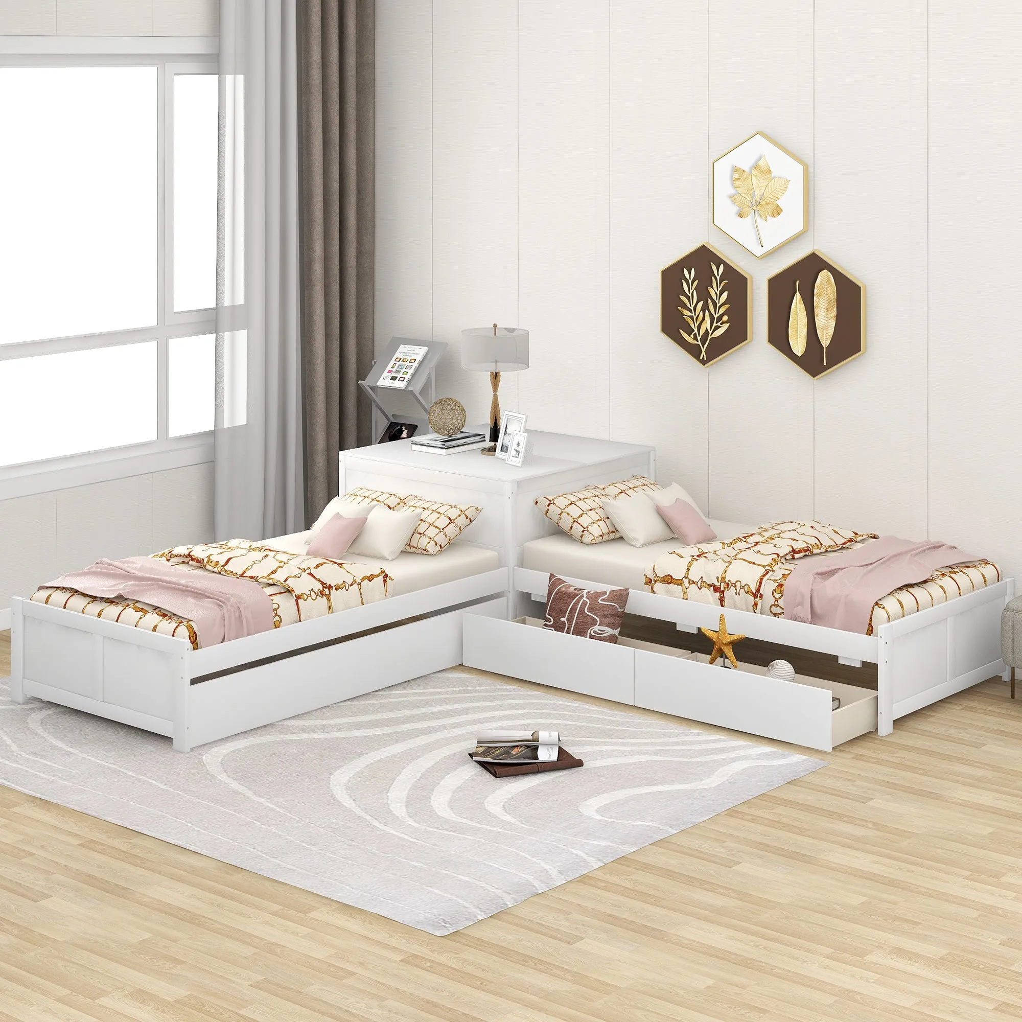 L-shaped Platform Bed with Trundle and Drawers Linked with built-in Flip Square Table,Twin