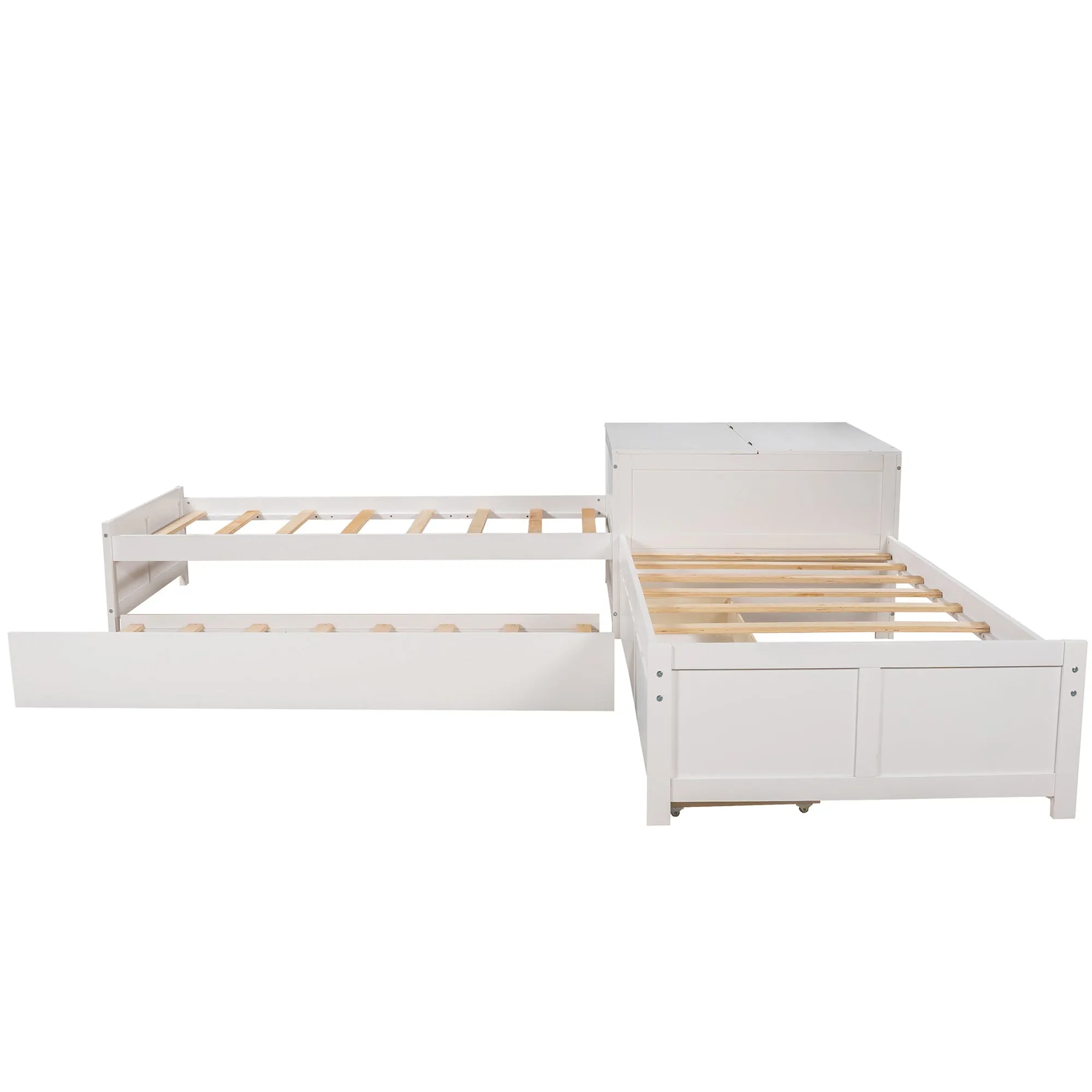 L-shaped Platform Bed with Trundle and Drawers Linked with built-in Flip Square Table,Twin