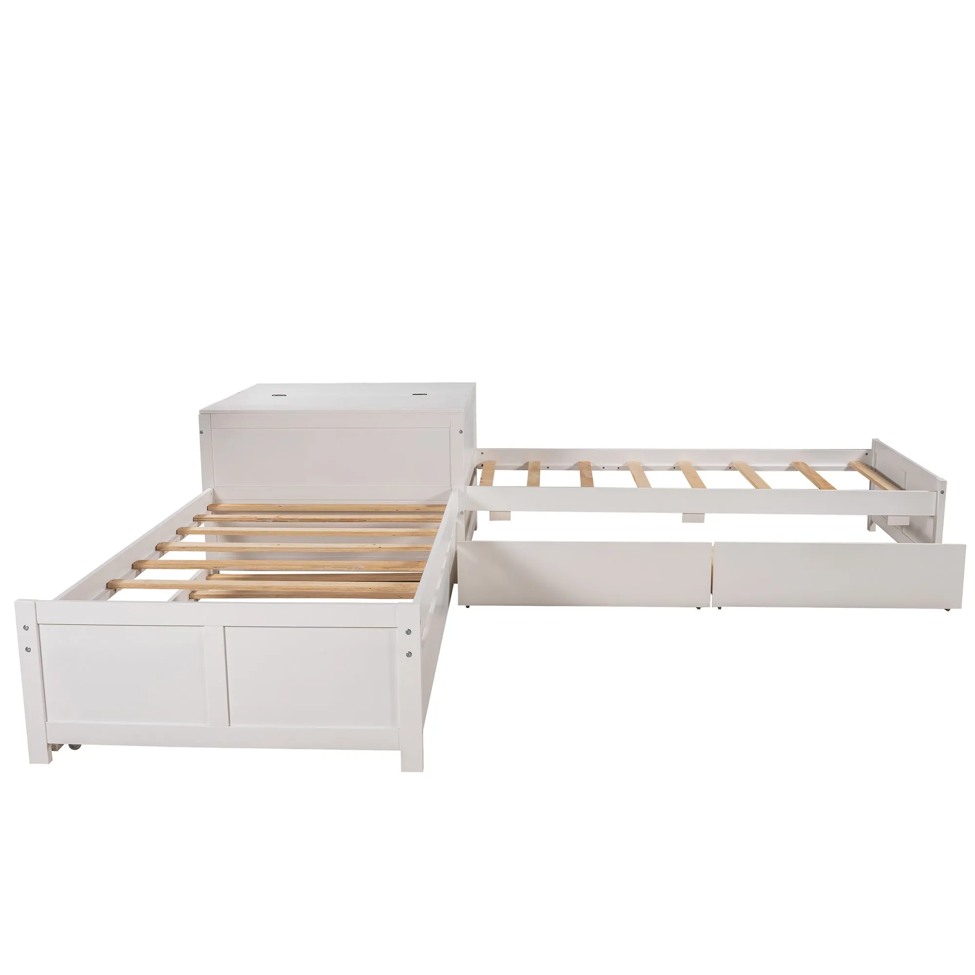 L-shaped Platform Bed with Trundle and Drawers Linked with built-in Flip Square Table,Twin