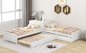 L-shaped Platform Bed with Trundle and Drawers Linked with built-in Flip Square Table,Twin