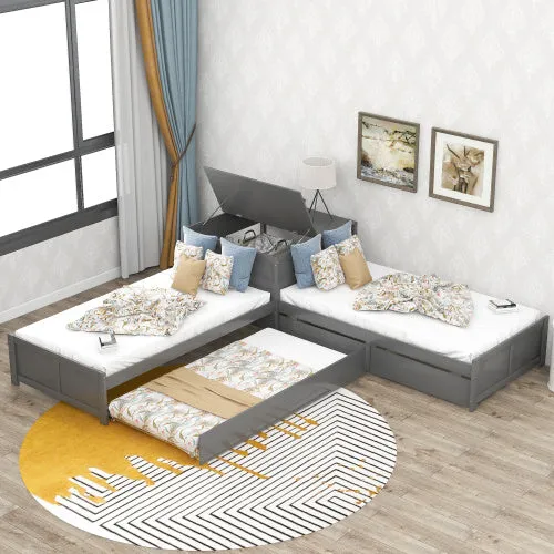 L-shaped Platform Bed with Trundle and Drawers Linked with built-in Flip Square Table,Twin