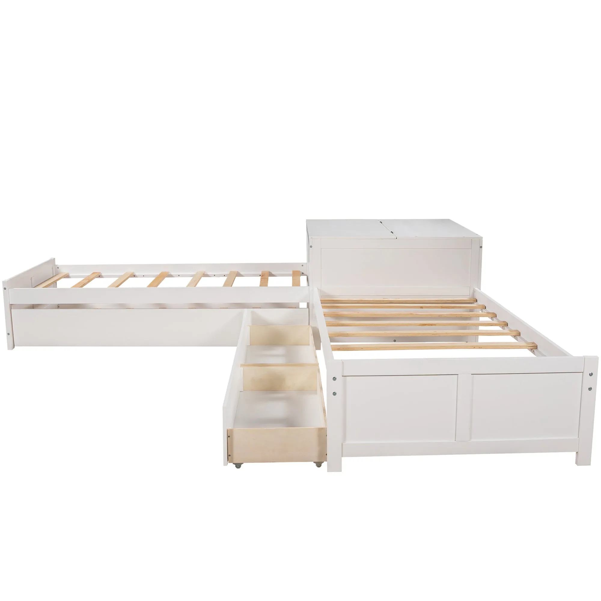 L-shaped Platform Bed with Trundle and Drawers Linked with built-in Flip Square Table,Twin