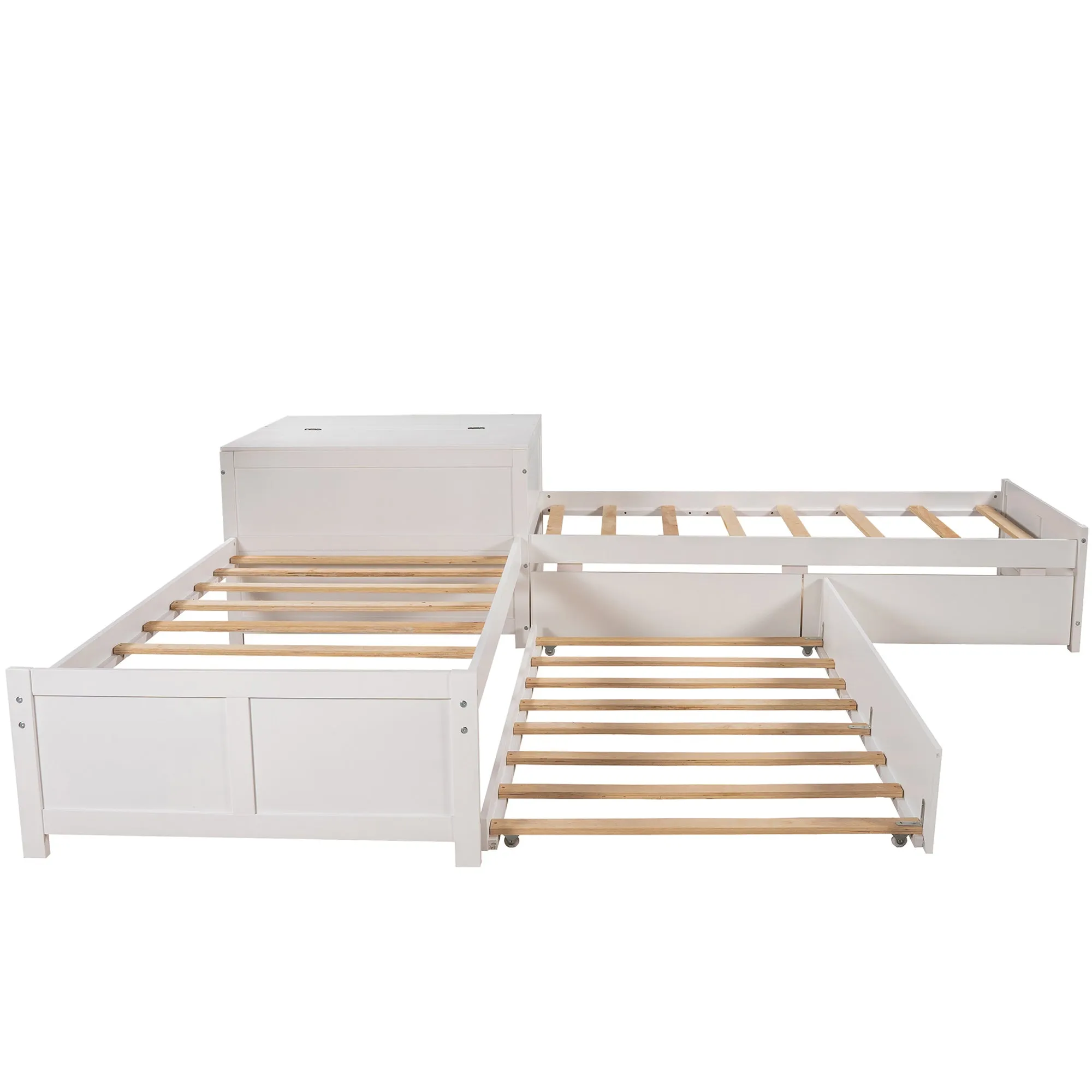 L-shaped Platform Bed with Trundle and Drawers Linked with built-in Flip Square Table,Twin