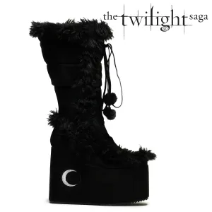 La Push Crescent Platform Faux Fur Long Boots - Black