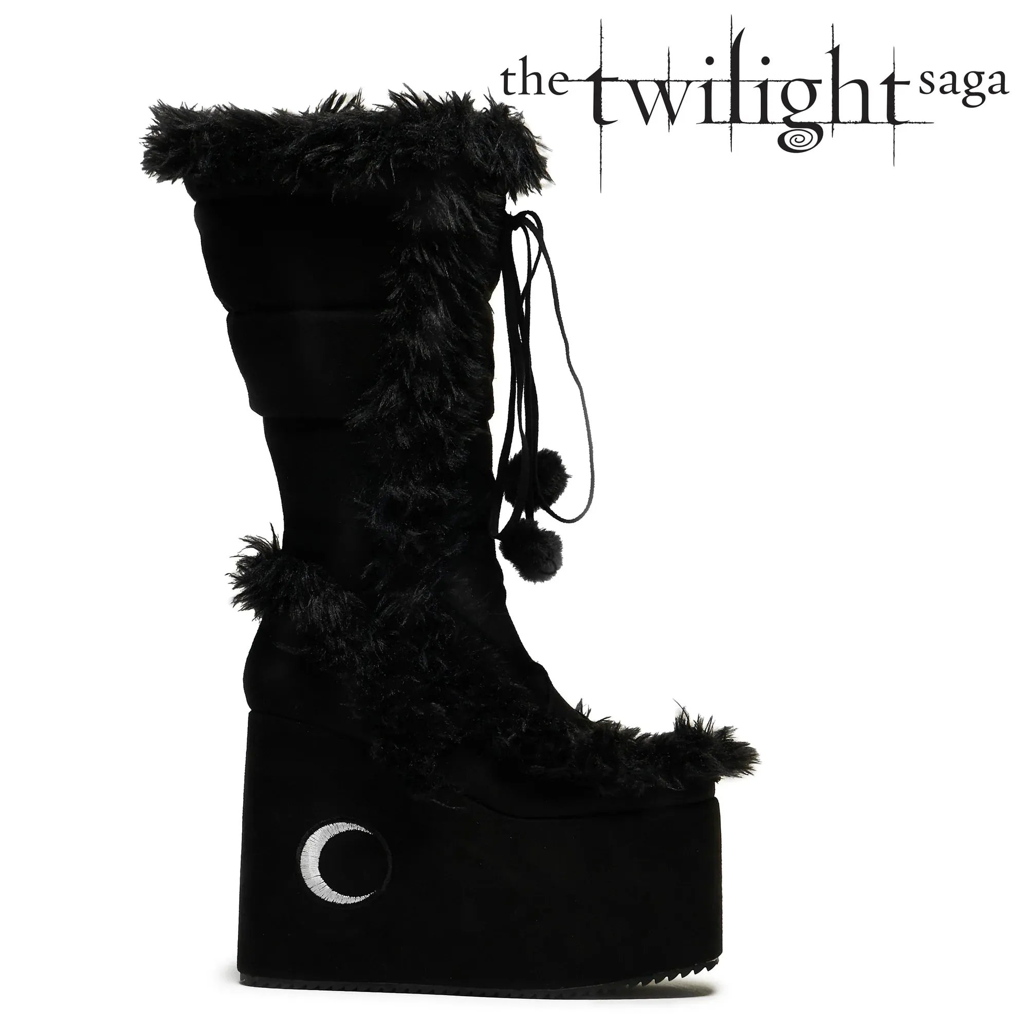 La Push Crescent Platform Faux Fur Long Boots - Black
