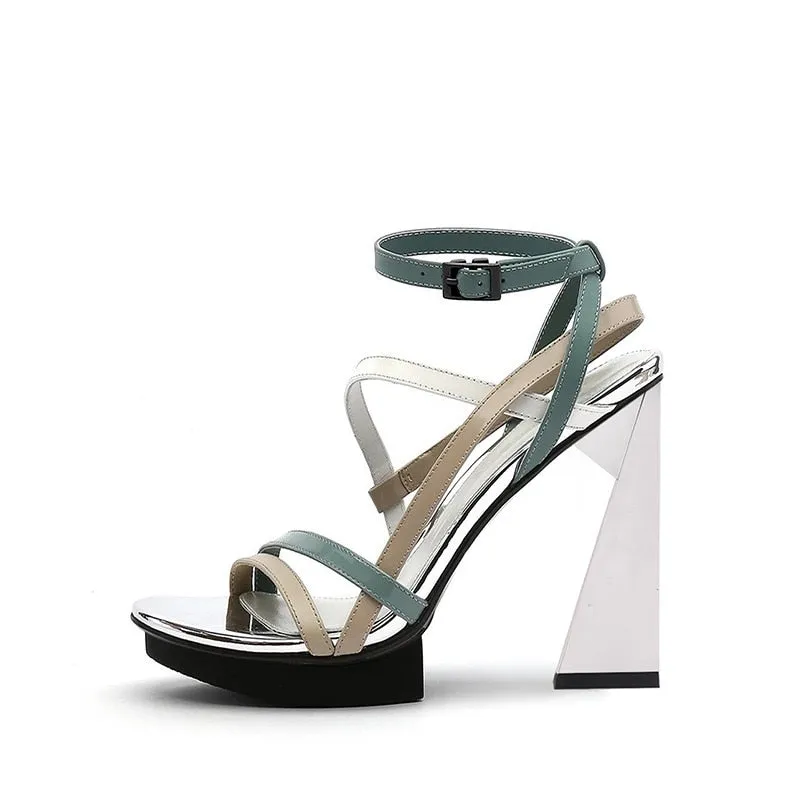 Leather peep toe 11.5cm super high heel brand narrow band buckle straps