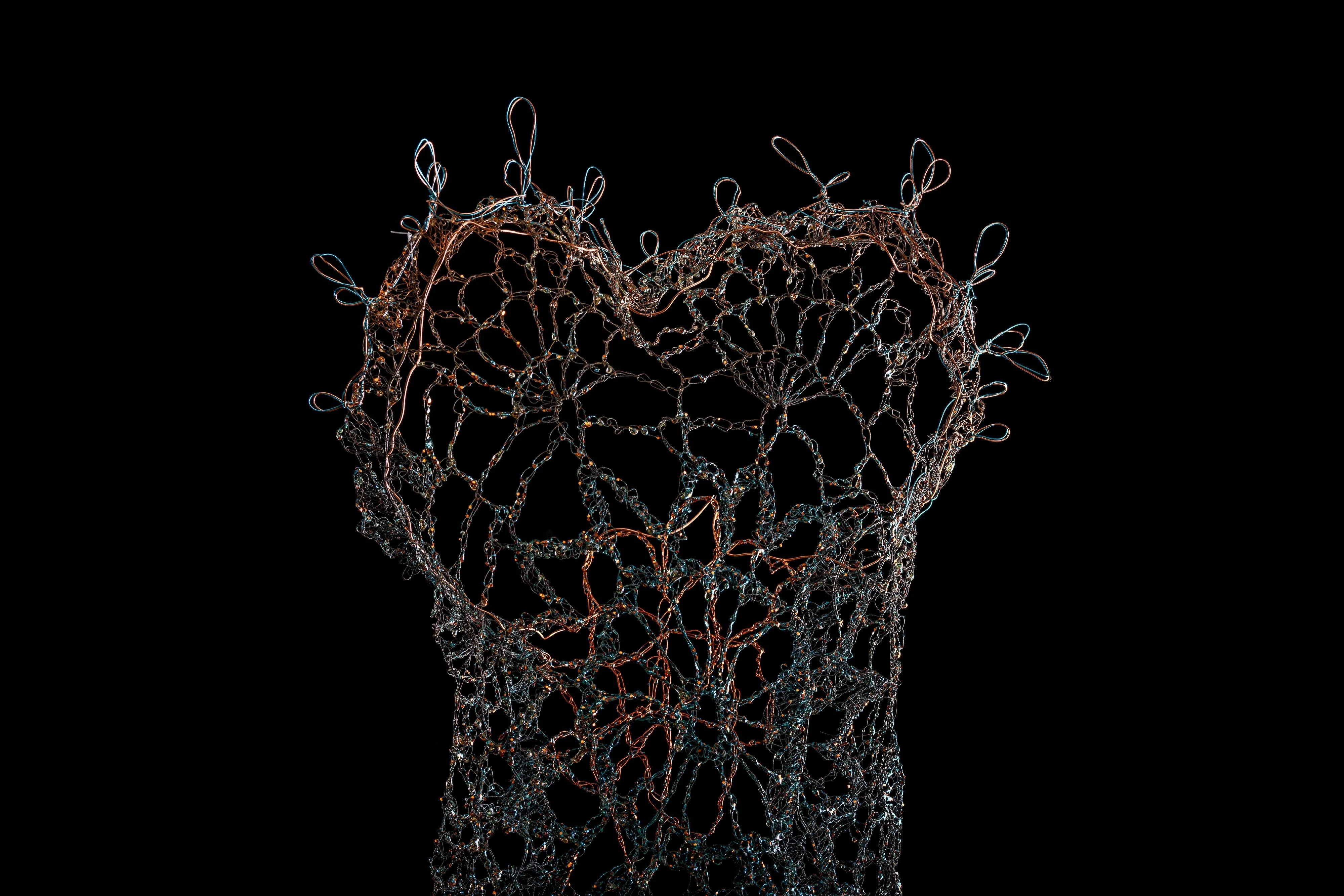 Long Copper Metal Lace Dress Sculpture ~ Aeris Sidus (Copper Stars)