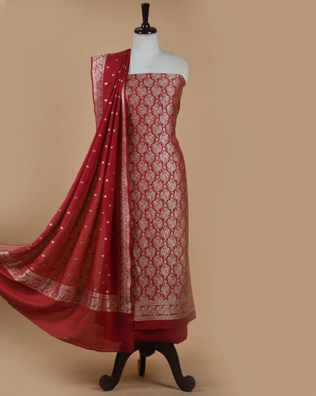 Maroon Handloom Silk Banarasi Woven Unstitched Suit Fabric Set With Handloom Silk Woven Dupatta