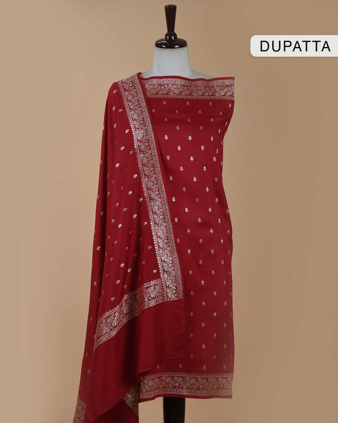 Maroon Handloom Silk Banarasi Woven Unstitched Suit Fabric Set With Handloom Silk Woven Dupatta