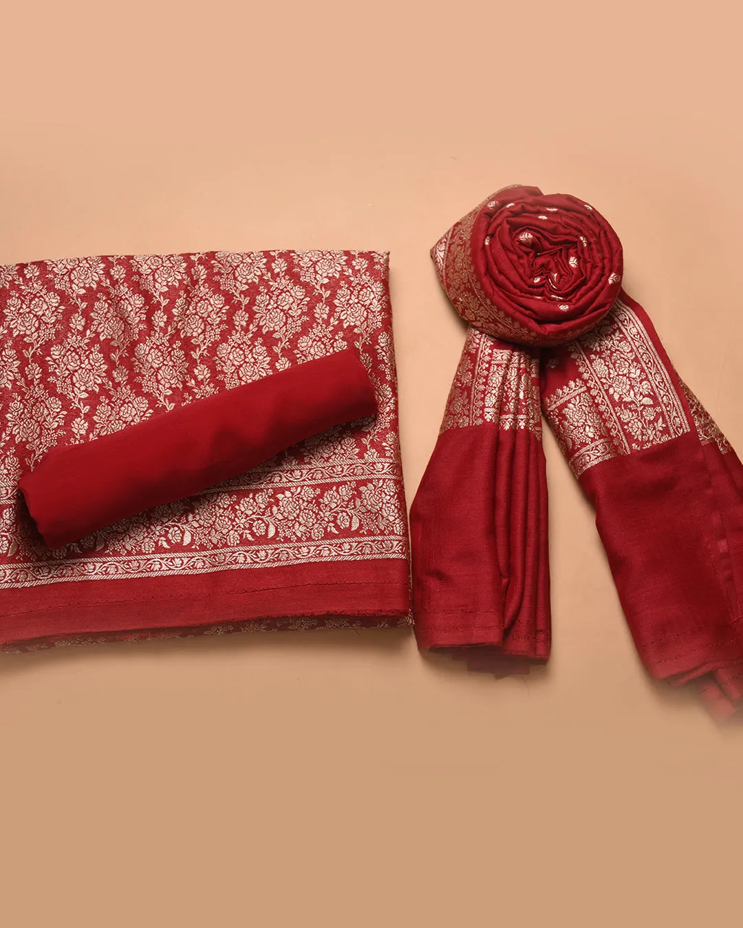 Maroon Handloom Silk Banarasi Woven Unstitched Suit Fabric Set With Handloom Silk Woven Dupatta