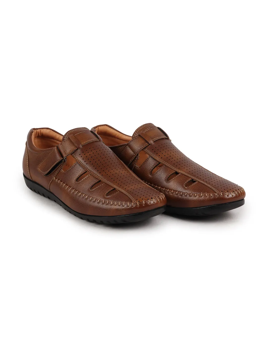 Men Tan Laser Cut Perforated Shoe Style Roman Sandal|Adujstable Hook & Loop Stitched Pull On Sandal