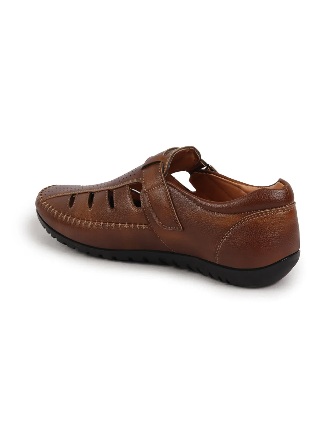 Men Tan Laser Cut Perforated Shoe Style Roman Sandal|Adujstable Hook & Loop Stitched Pull On Sandal