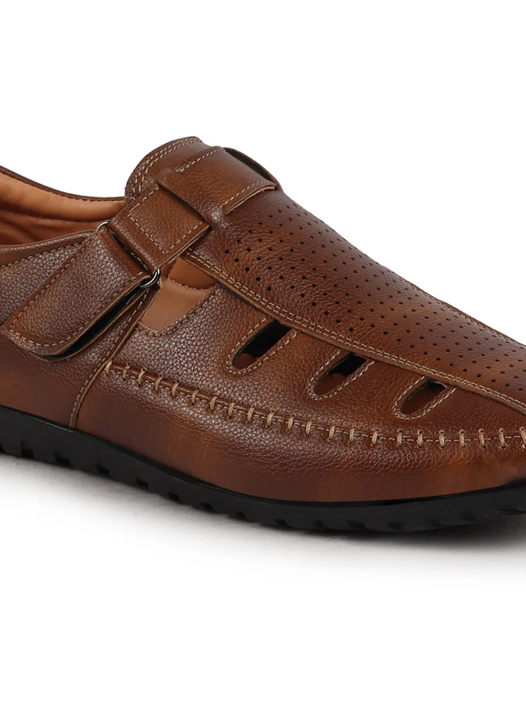 Men Tan Laser Cut Perforated Shoe Style Roman Sandal|Adujstable Hook & Loop Stitched Pull On Sandal