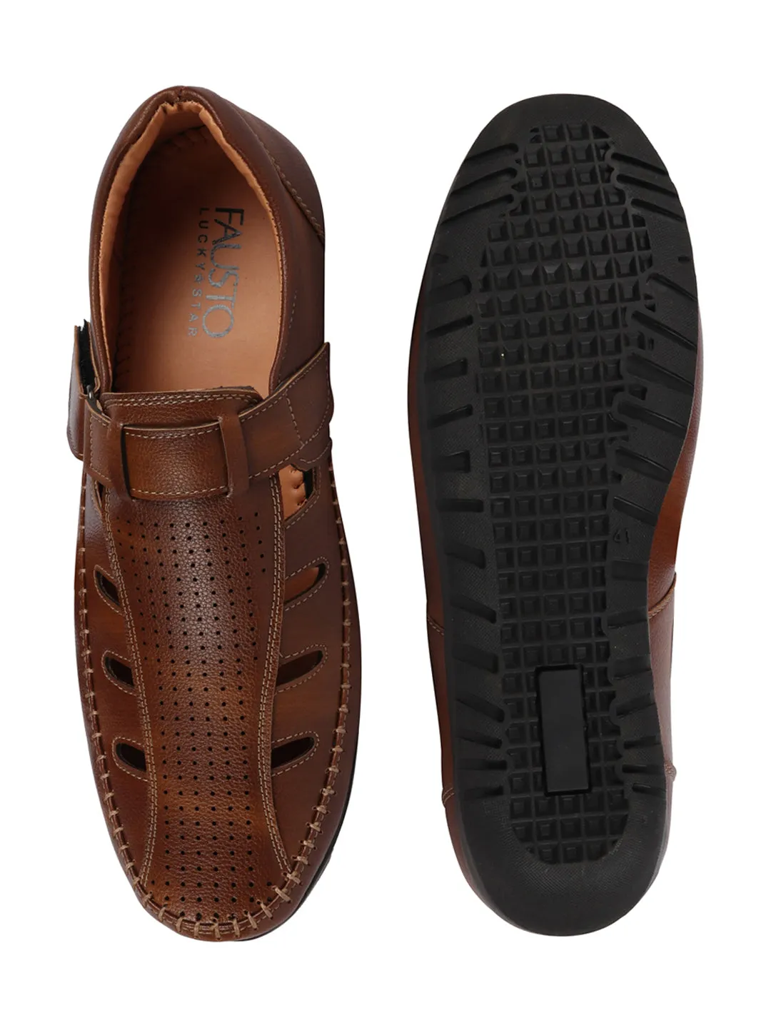 Men Tan Laser Cut Perforated Shoe Style Roman Sandal|Adujstable Hook & Loop Stitched Pull On Sandal