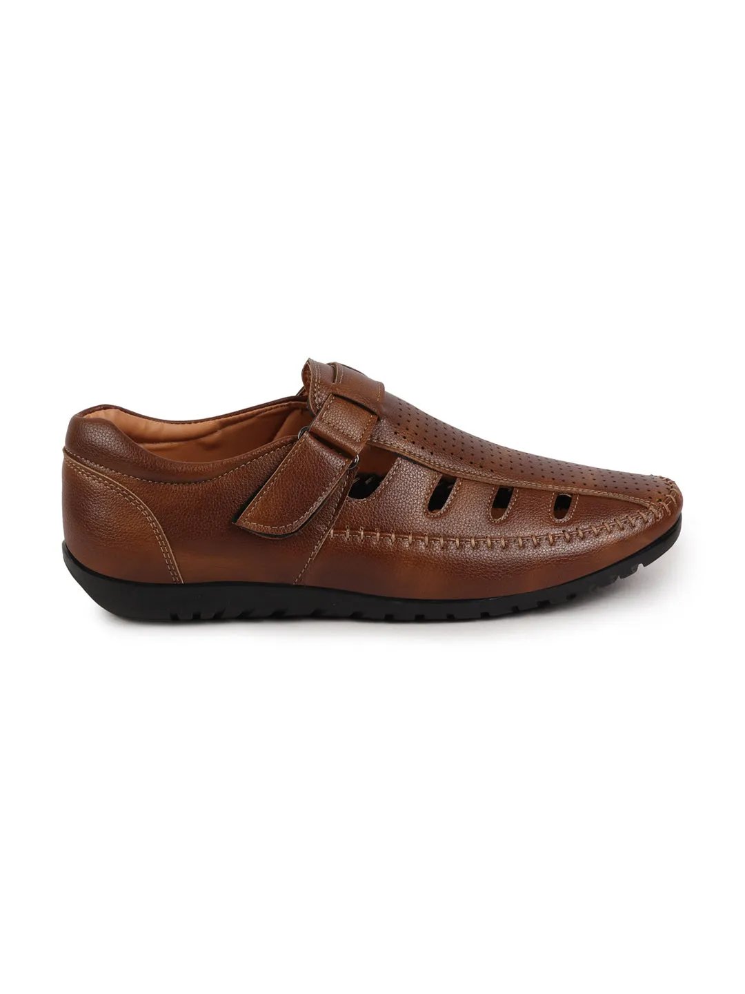 Men Tan Laser Cut Perforated Shoe Style Roman Sandal|Adujstable Hook & Loop Stitched Pull On Sandal