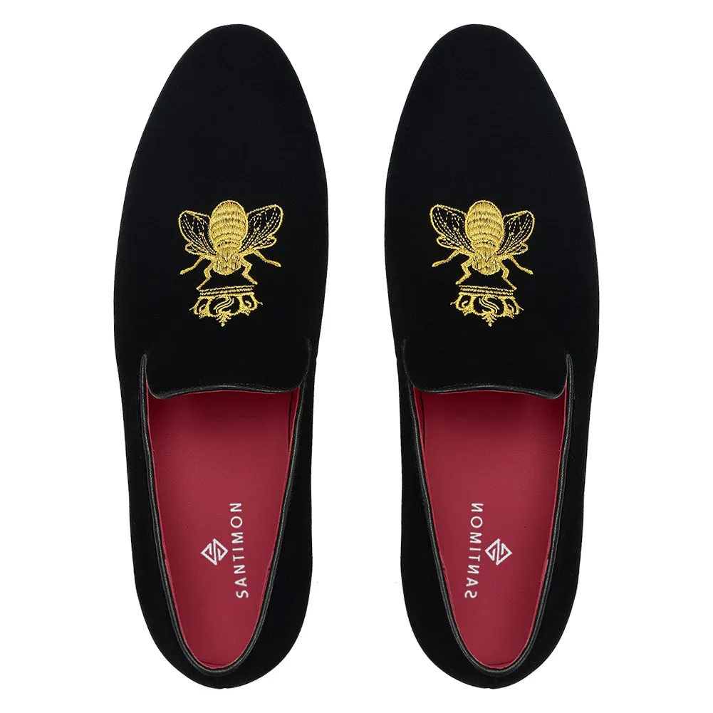 Men's Velvet Loafers Casual Gold Embroidery