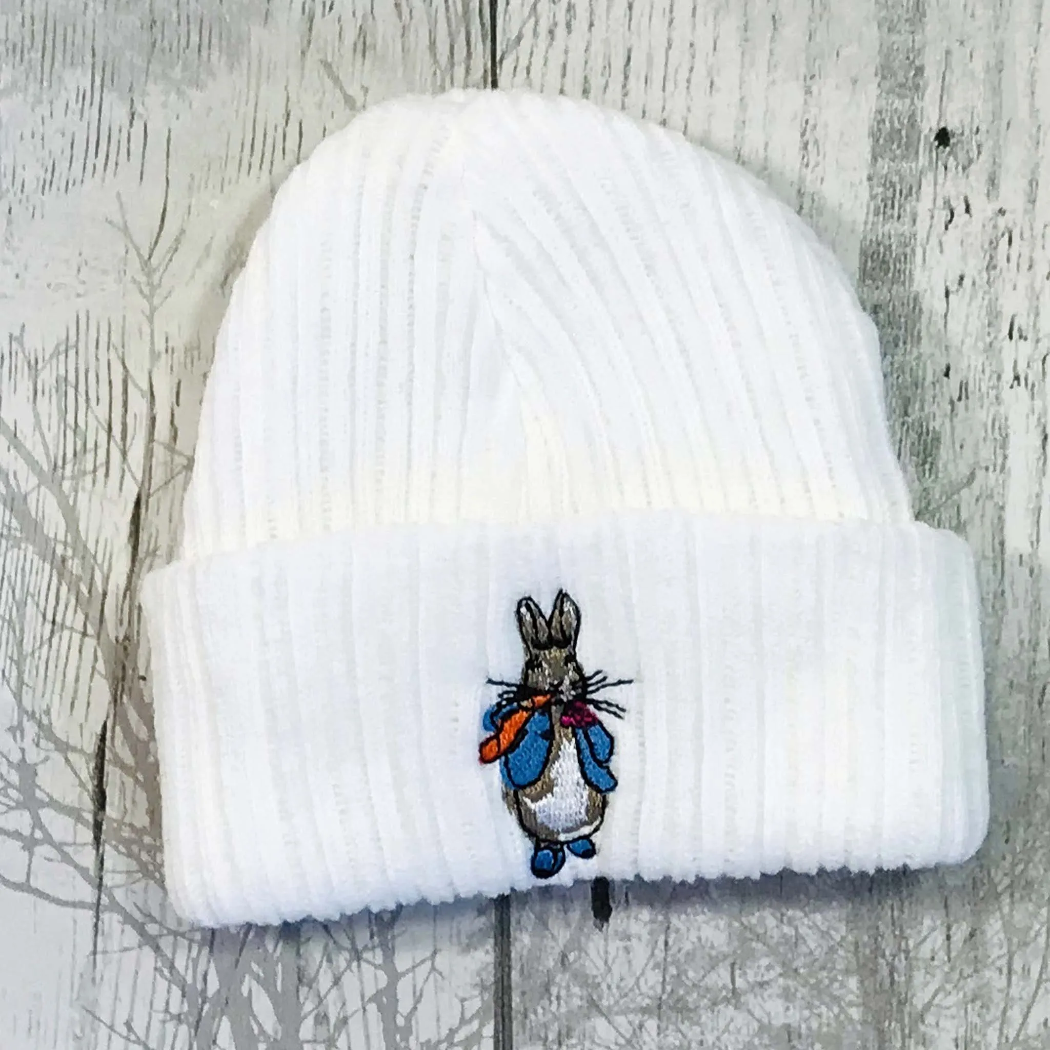 Newborn white Knitted Hat with Rabbit motif