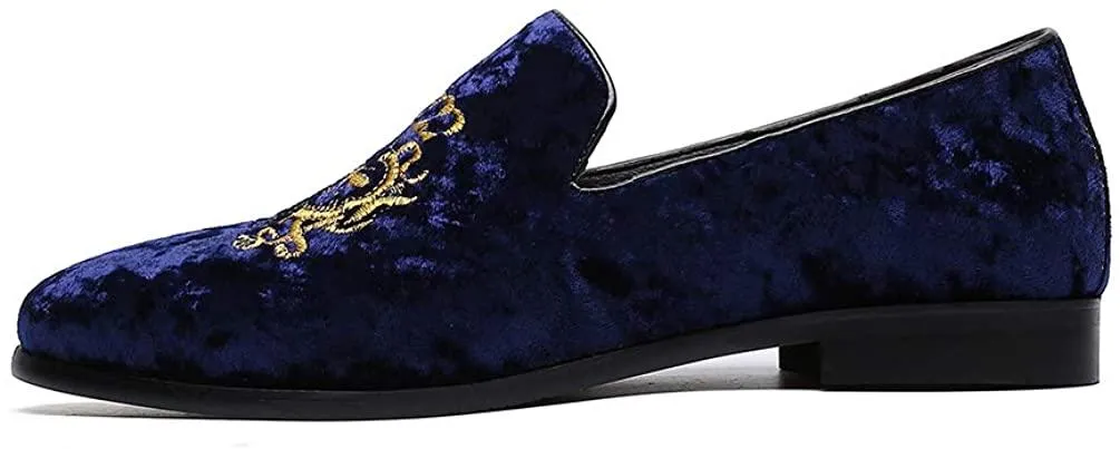 NXY Men's Penny Loafers Velvet Wedding Dress Shoes Slip on Smoking Slippers Gold Embroidery Black/Blue