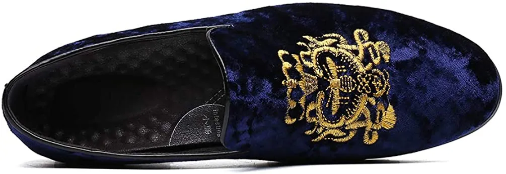 NXY Men's Penny Loafers Velvet Wedding Dress Shoes Slip on Smoking Slippers Gold Embroidery Black/Blue