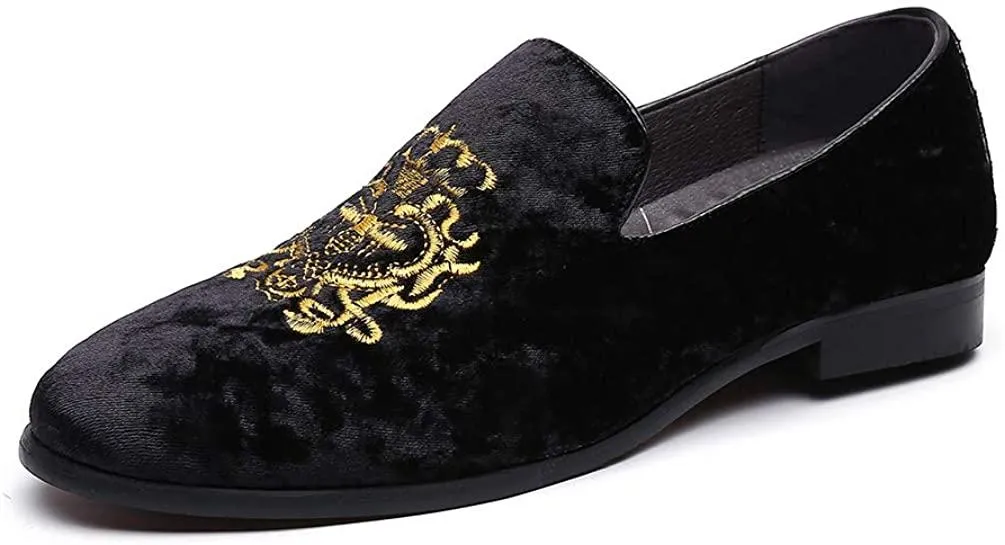 NXY Men's Penny Loafers Velvet Wedding Dress Shoes Slip on Smoking Slippers Gold Embroidery Black/Blue