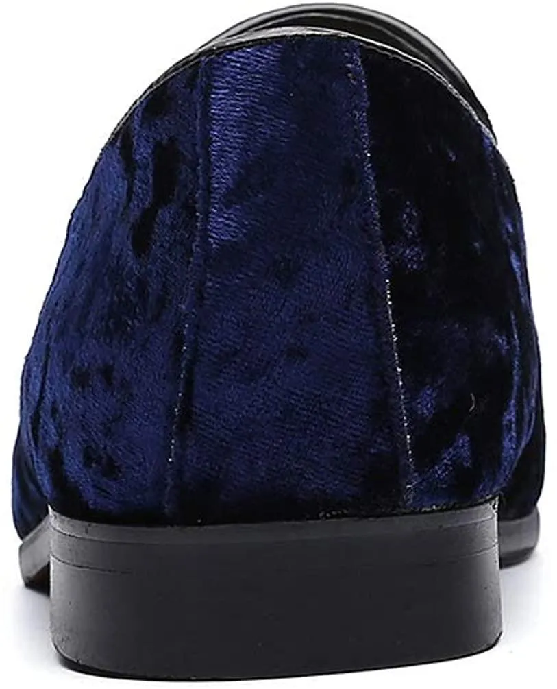 NXY Men's Penny Loafers Velvet Wedding Dress Shoes Slip on Smoking Slippers Gold Embroidery Black/Blue