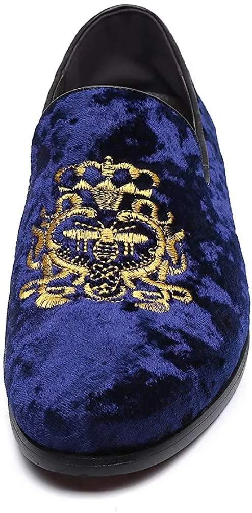 NXY Men's Penny Loafers Velvet Wedding Dress Shoes Slip on Smoking Slippers Gold Embroidery Black/Blue
