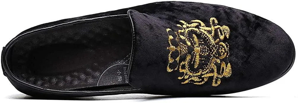 NXY Men's Penny Loafers Velvet Wedding Dress Shoes Slip on Smoking Slippers Gold Embroidery Black/Blue