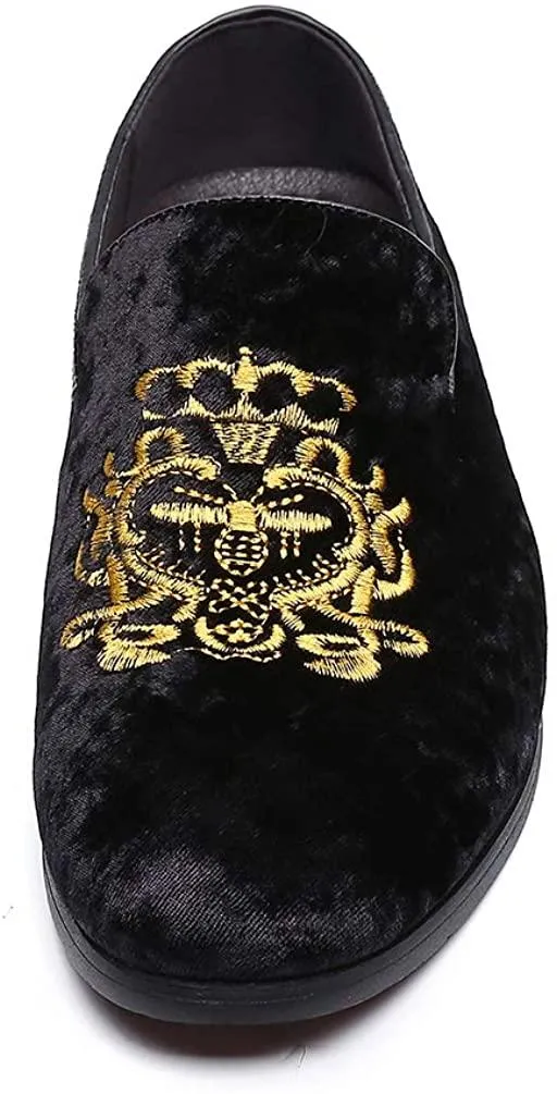 NXY Men's Penny Loafers Velvet Wedding Dress Shoes Slip on Smoking Slippers Gold Embroidery Black/Blue