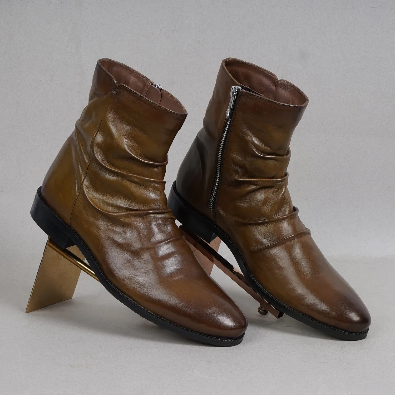 Olive Leather Pleated Lightweight Chelsea Boots by Brune & Bareskin
