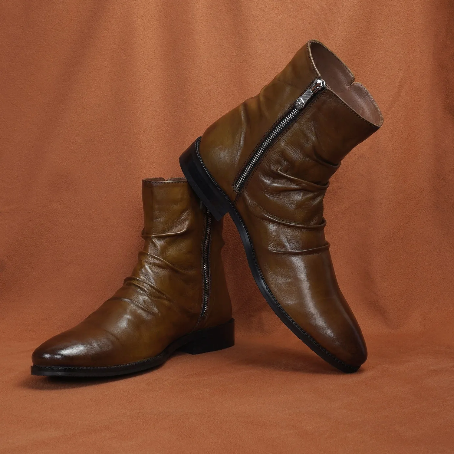 Olive Leather Pleated Lightweight Chelsea Boots by Brune & Bareskin
