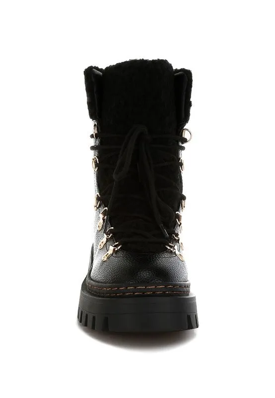Omul Fleece & Vegan Leather Boots - Lace-Up, Low Block Heel, Winter Essentials