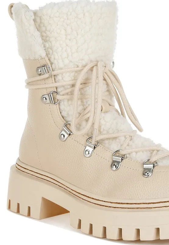 Omul Fleece & Vegan Leather Boots - Lace-Up, Low Block Heel, Winter Essentials