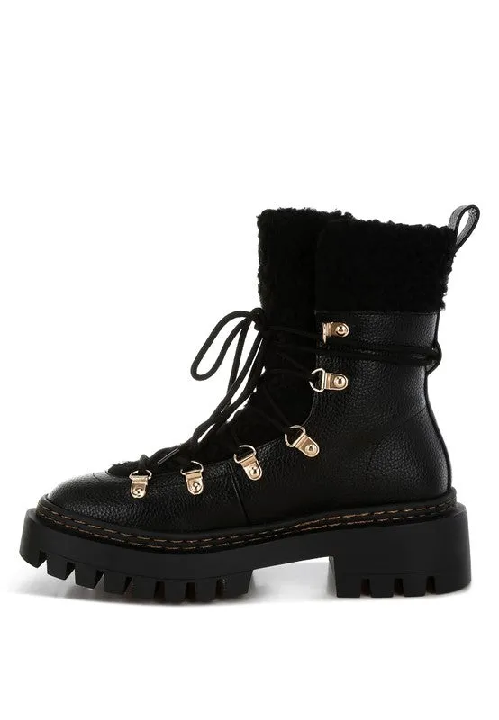 Omul Fleece & Vegan Leather Boots - Lace-Up, Low Block Heel, Winter Essentials