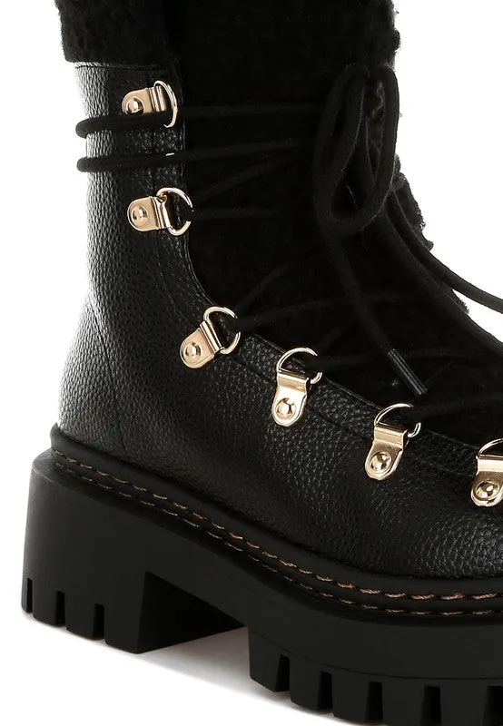 Omul Fleece & Vegan Leather Boots - Lace-Up, Low Block Heel, Winter Essentials