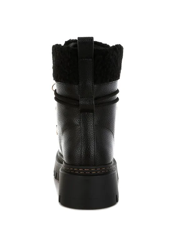 Omul Fleece & Vegan Leather Boots - Lace-Up, Low Block Heel, Winter Essentials