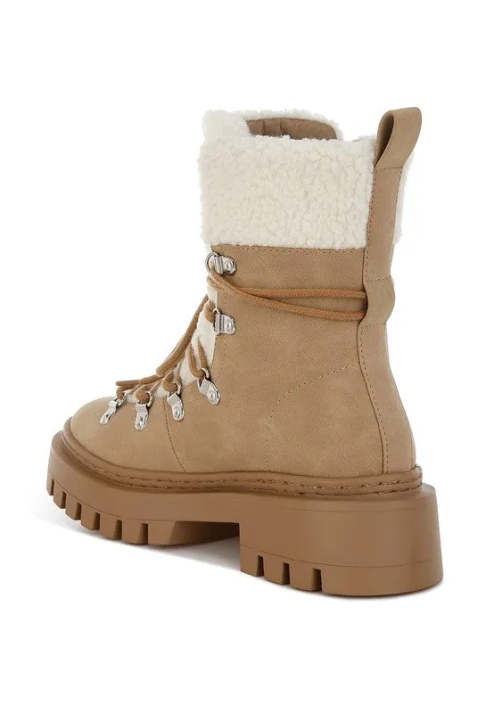 Omul Fleece & Vegan Leather Boots - Lace-Up, Low Block Heel, Winter Essentials