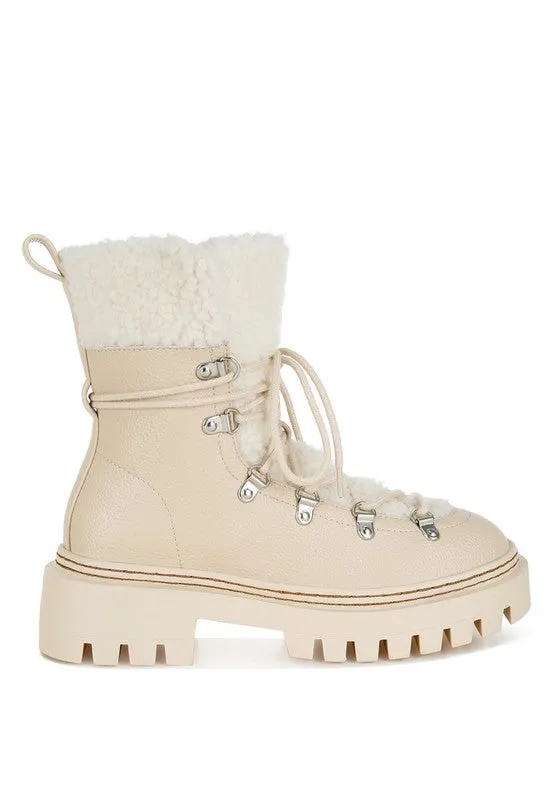 Omul Fleece & Vegan Leather Boots - Lace-Up, Low Block Heel, Winter Essentials