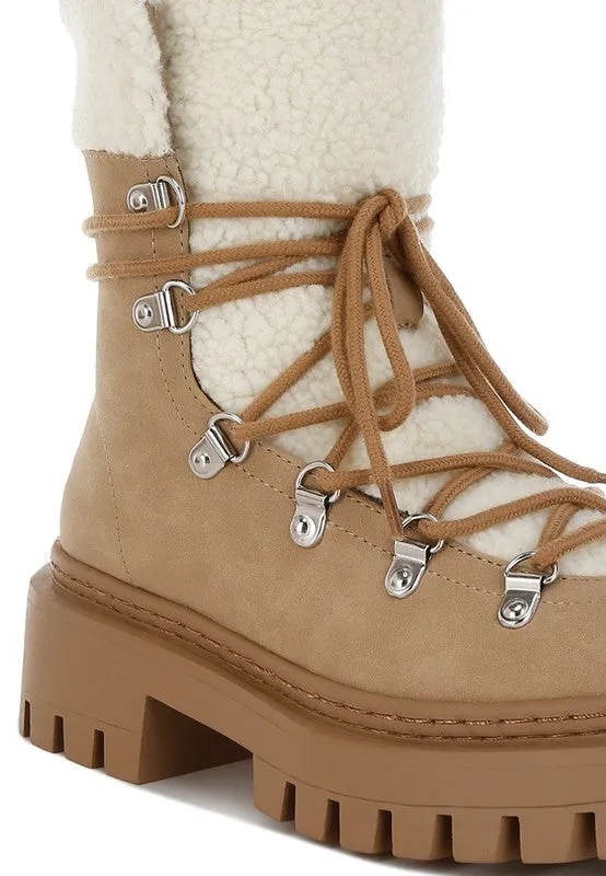 Omul Fleece & Vegan Leather Boots - Lace-Up, Low Block Heel, Winter Essentials