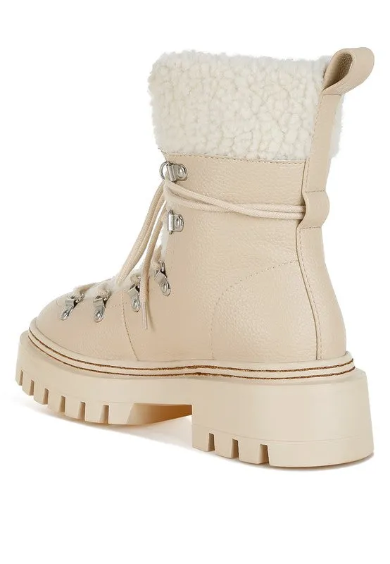 Omul Fleece & Vegan Leather Boots - Lace-Up, Low Block Heel, Winter Essentials