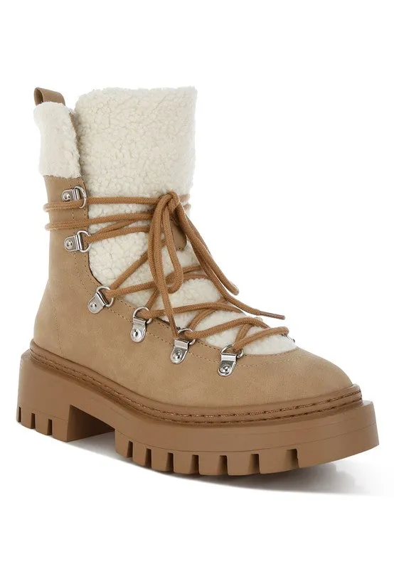 Omul Fleece & Vegan Leather Boots - Lace-Up, Low Block Heel, Winter Essentials