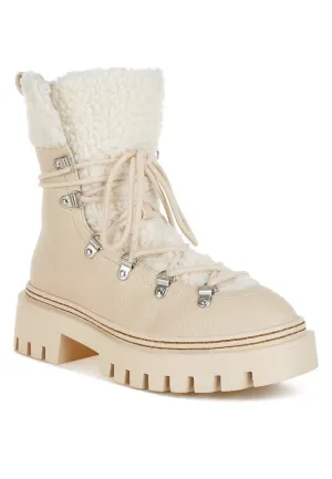 Omul Fleece & Vegan Leather Boots - Lace-Up, Low Block Heel, Winter Essentials
