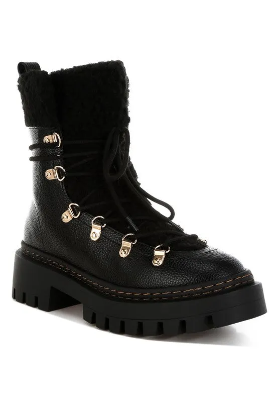Omul Fleece & Vegan Leather Boots - Lace-Up, Low Block Heel, Winter Essentials