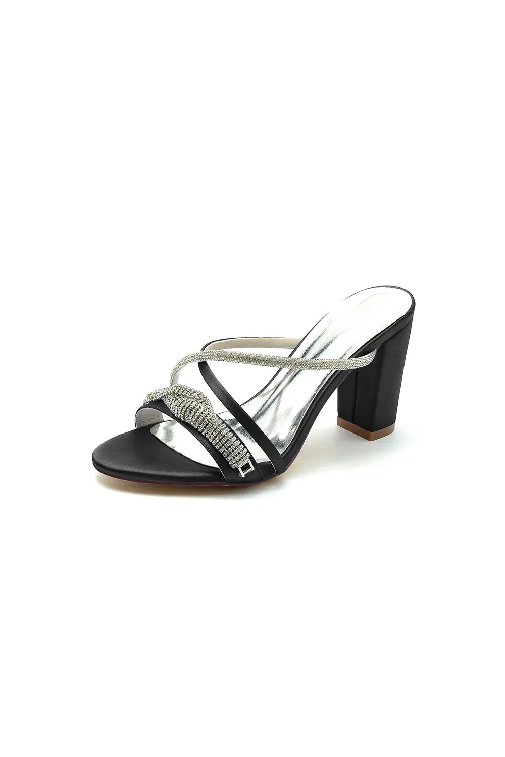 Open Toe Block Heels with Rhinestone