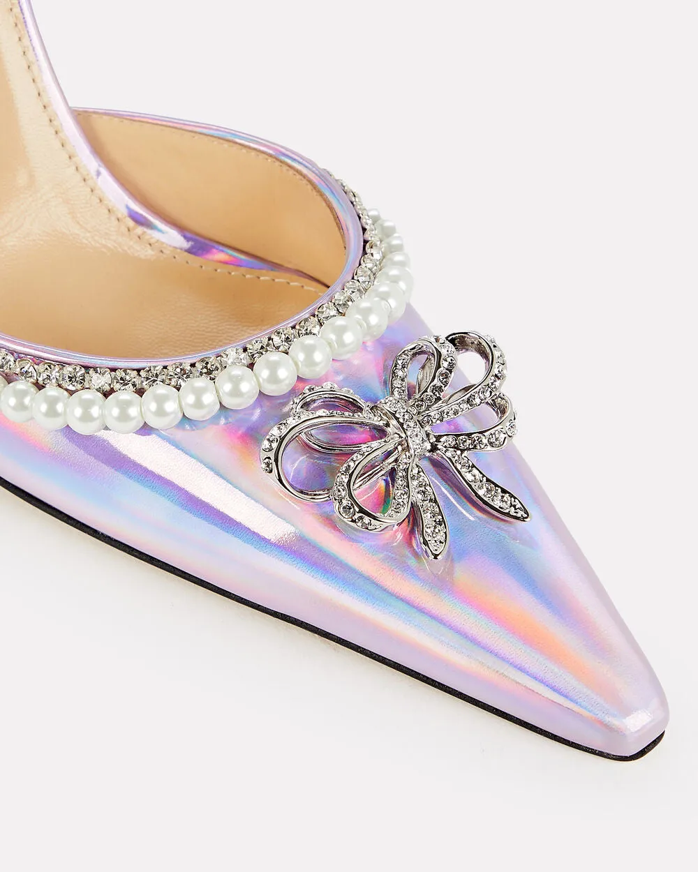 Pearl-Embellished Satin Bow-Heel Sandals