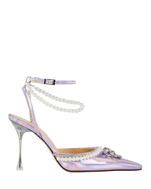 Pearl-Embellished Satin Bow-Heel Sandals