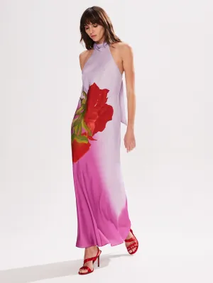 Petite Margot Pink Rose Print Halter Neck Dress