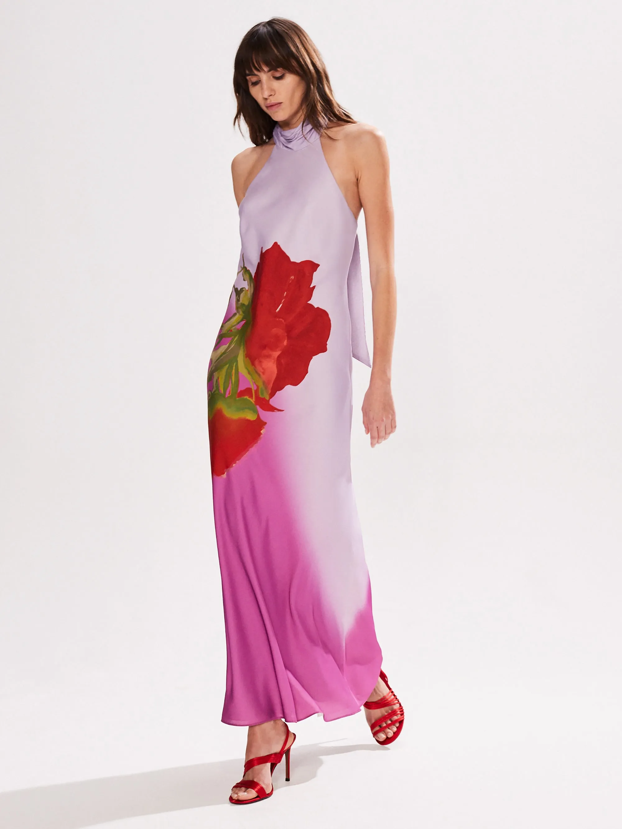 Petite Margot Pink Rose Print Halter Neck Dress