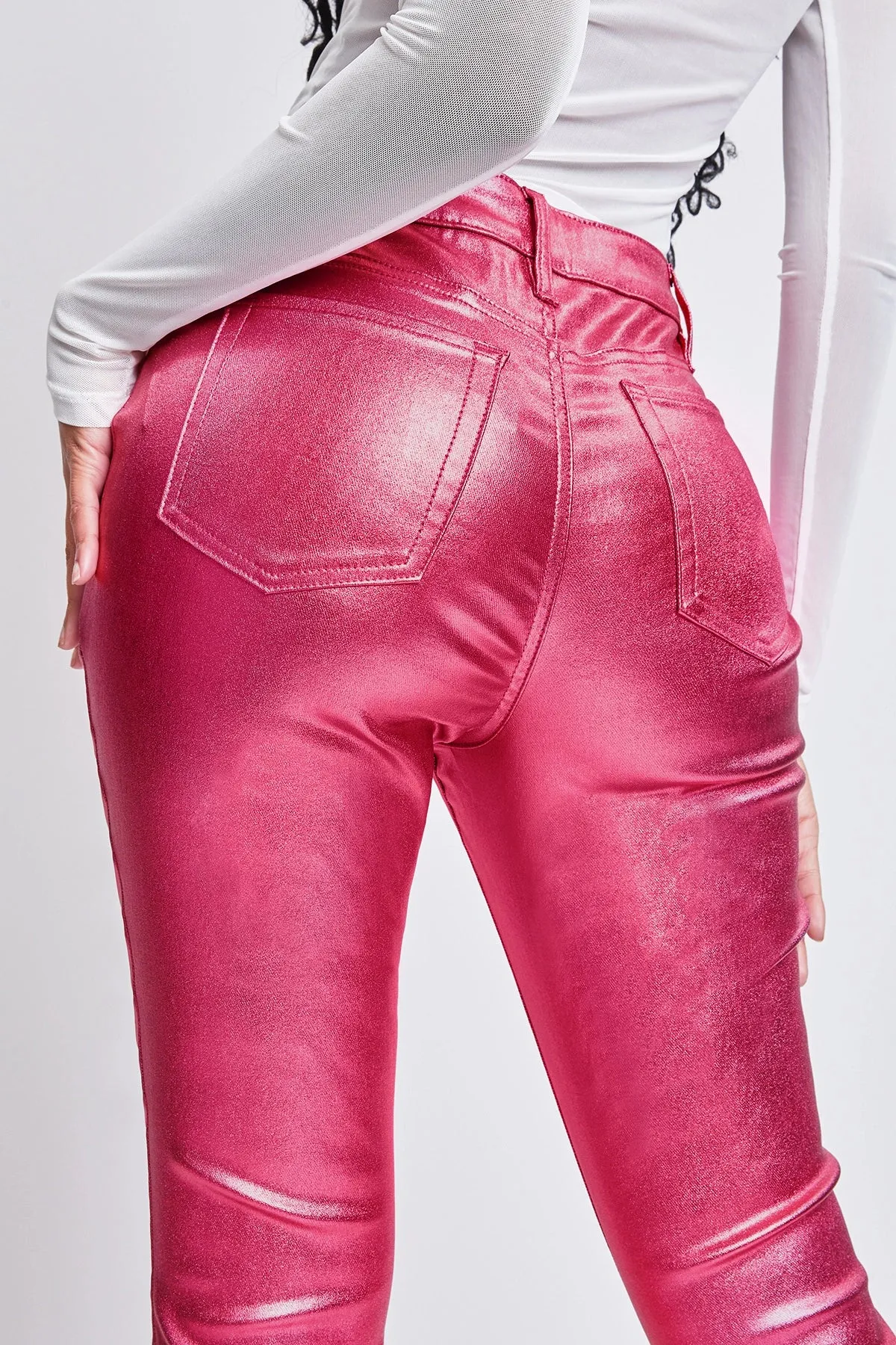 Pink High Rise Skinny Leg Metallic Pants